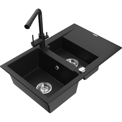 Mexen Gaspar Гранитна мивка с 1, 5 отделения с отцедник и кухненски смесител Duero, черен - 6507-77-671600-70 (6507-77-671600-70)