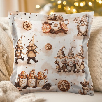 Biante bavlna s lemom Sandra SA-663 Hnedí škriatkovia s perníčkami na bielom 50 x 50 cm