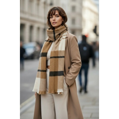 Classic Scarf Měkká velbloudí hnědá kostkovaná dámská nebo pánská zimní vlněná šála