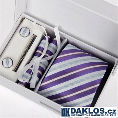 Daklos Luxusní set bílé a fialové proužky Kravata kapesníček do saka manžetové knoflíčky kravatová spona v dárkovém balení
