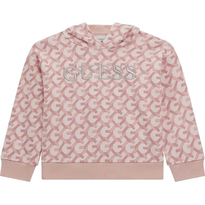 GUESS Суичър без цип за мини момиче в розово, покрит с лога на марката и надпис в сребристо Guess