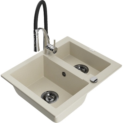 Mexen Carlos гранитна мивка с 1, 5 отделения и кухненски смесител Aster, бежова - 6518-69-73450-07-B (6518-69-73450-07-B)