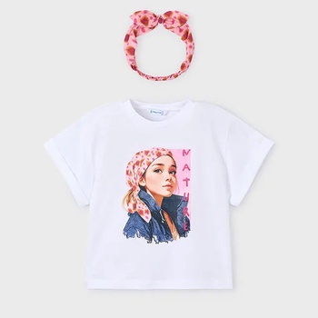 MAYORAL Бяла тениска къс ръкав с розова лента с детайли за мини момиче Mayoral