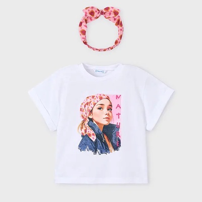 MAYORAL Бяла тениска къс ръкав с розова лента с детайли за мини момиче Mayoral