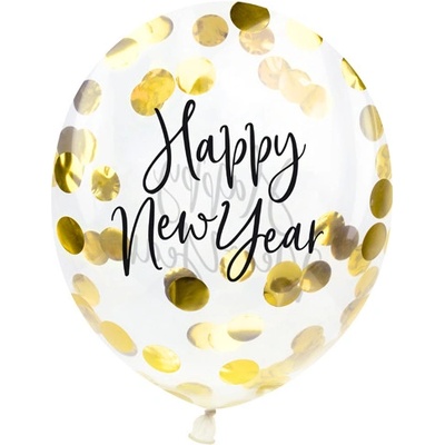 Balónky průhledné s nápisem Happy New Year se zlatými konfety 26 cm