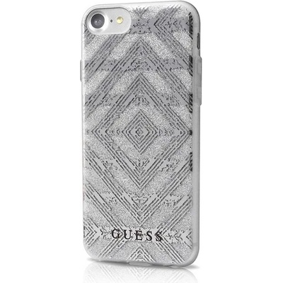 GUESS Луксозен Силиконов Калъф за iPhone SE 2022/2020 8/7, Guess Aztec Tribal Scin Case, Сребрист (GUHCP7TGSI)
