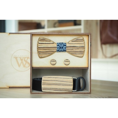Wood Style Set Kulatý WS Modrotisk opasek motýlek a manžetové knoflíčky Hnědá Zebrano
