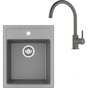 Franke - Кухненски комплект T121Š, мивка от тектонит SID 610-40 и смесител FC 6018.084, сиво/сив камък 143.0687. 385 (143.0687.385) Мивка за вграждане