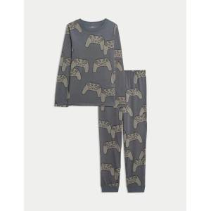 Marks & Spencer Пижама от чиста памучна материя с принт с игра (3-16 години) Marks & Spencer сива Marks & Spencer | Siv | Момчешки | 7-8 години