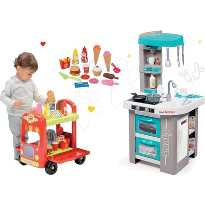Smoby set elektronická kuchyňka Tefal Studio Bubble tyrkysová a zmrzlinářský vozík s hamburgery 311023-10