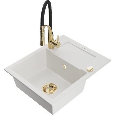 Mexen Enzo гранитна мивка с една камера с отцедник и кухненски смесител Aster, бял - 6506-20-73450-57-G (6506-20-73450-57-G)