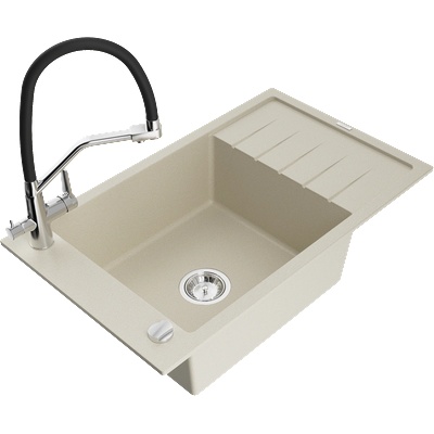 Mexen Elias еднокоморна кухненска мивка от гранит с отцедник и кухненски смесител Duo, бежов - 6511-69-671701-07 (6511-69-671701-07)