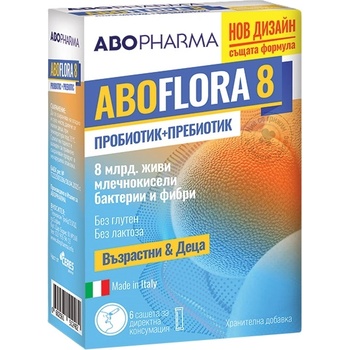 Abo Pharma Flora 8 Пробиотик + Пребиотик с 8 млрд. живи бактерии, 6 сашета, Abo Pharma (10033373)