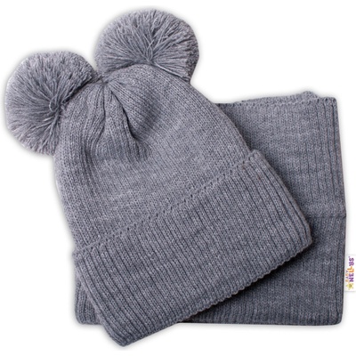 Baby Nellys Zimná pletená čiapka nákrčník sivá s brmbolcami