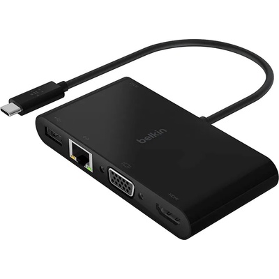 Belkin USB-C Multimedia Plus Charge Adapter - мултифункционален адаптер за свързване от USB-C към Ethernet, HDMI, VGA и USB-А 3.0 (черен)