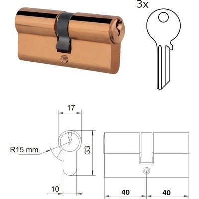 EURO 40/40mm, mosazná, 3 klíče, šroub M5x65mm