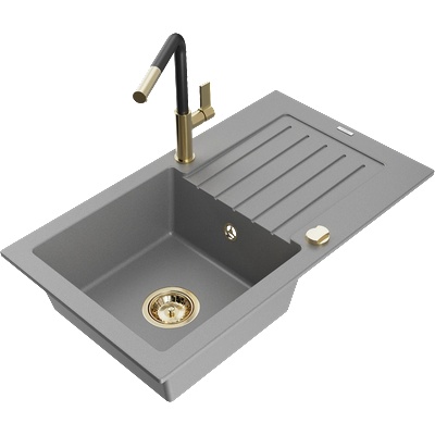 Mexen Pablo гранитна мивка с 1 отделение с отцедник и кухненски смесител Flora, сив - 6510-71-670401-57-G (6510-71-670401-57-G)
