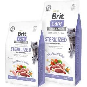 Brit Care Cat Grain-Free STERILIZED AND WEIGHT CONTROL- Пълноценна суха храна за кастрирани котки с 26% прясно патешко, 26% пуешко и зеленчуци, БЕЗ ЗЪРНЕНИ КУЛТУРИ- 7 кг