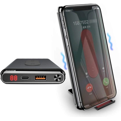Baseus Qi Wireless Charger 15W Power Bank 10000mAh - външна батерия с USB и USB-C изходи и с технология за безжично зареждане (черен)