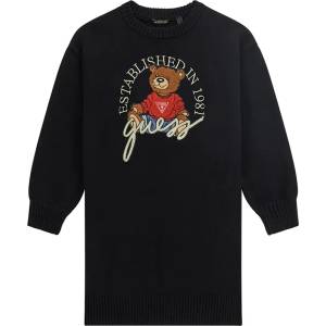 Guess Трикотажна рокля за момиче в черен цвят с голямо мече отпред и надпис Guess
