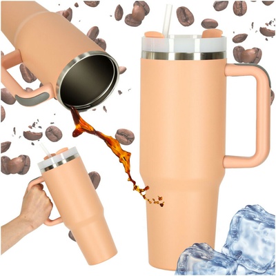Ikonka termohrnček so slamkou a rúčkou termoska 1200 ml púdrovo ružový