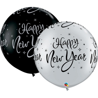 GoDan Balónky Happy New Year QL 30" 100cm stříbrná a černá