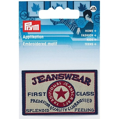 PRYM Nášivka džínsový štítok Jeanswear First Class, obdĺžnik, nažehľovacia, béžová
