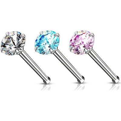 Šperky eshop rovný ocelový piercing do nosu stříbrná kulatý zirkon W30.32 Aqua modrá Q