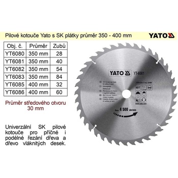 YATO pilový kotouč na dřevo 400x30 mm YT-6085