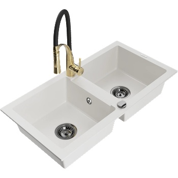 Mexen Mario гранитна мивка с 2 отделения и кухненски смесител Aster, бял - 6504-20-73450-57-B (6504-20-73450-57-B)