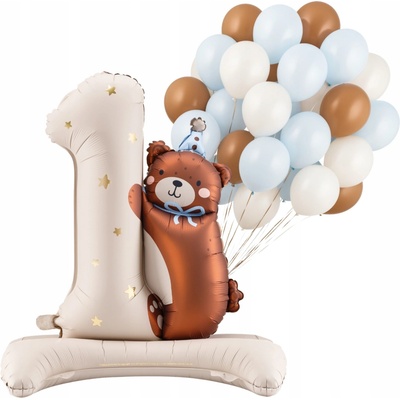 PartyDeco Fóliový balón číslo 1 medvedík 81 x 72 cm