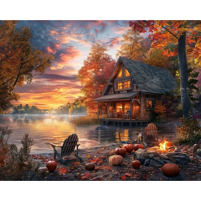 ZUTY Obrazy na stenu - TEKVICA, TÁBORÁK, KÁNOE PRI JAZERE A ZÁPAD SLNKA Rámovanie: vypnuté plátno na rám, Rozmer: 40x50 cm