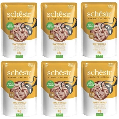 SCHESIR Tuňák s kuřecími řízky v želé pro kočky 6x85 g