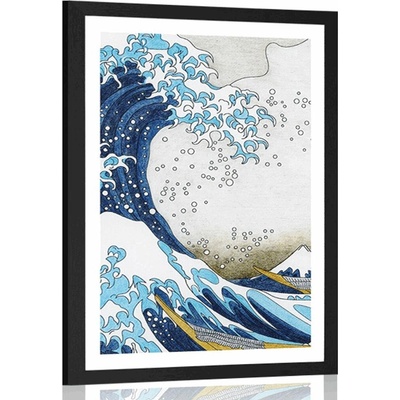 Plakát s paspartou reprodukce Velká vlna z Kanagawa - Kacušika Hokusai - 30x45 white