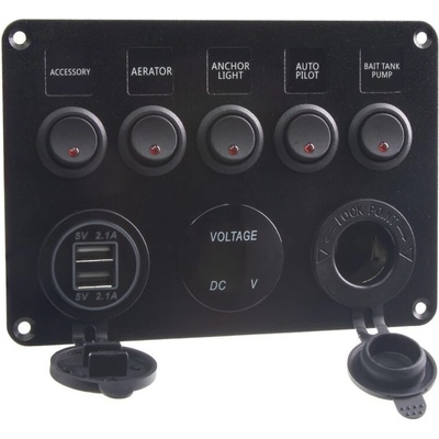 Panel s 5x spínači, CL, voltmetr + 2x USB zásuvka, 12/24V