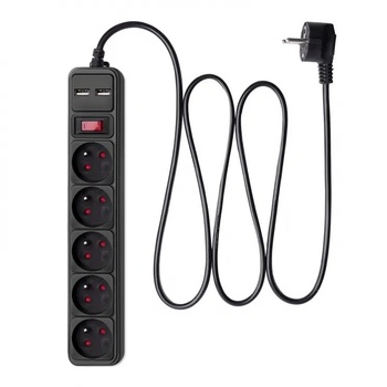 Akyga Удължител Akyga AK-SP-05U, Защита от пренапрежение, С превключвател, 5DIN, 1.5м, Черен (AK-SP-05U) (AK-SP-05U)