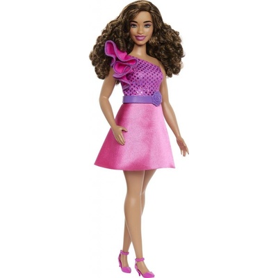 Barbie Modelka lesklé šaty s volánikom HRH22