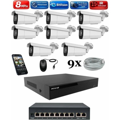 Amiko IP 8 kamerový set so switchom Varifokal 4K Ultra HD 8Mpix Tube 1805K8V2
