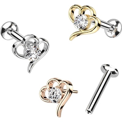 Šperky eshop zasouvací labret do rtů a brady z oceli obrysy spojených srdcí kubický zirkon W47.22 Růžová zlatá
