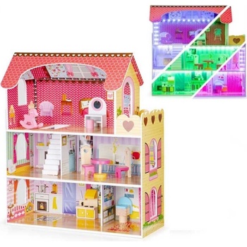 Eco Toys dřevěný domeček pro panenku basic s LED páskem růžový 79 cm