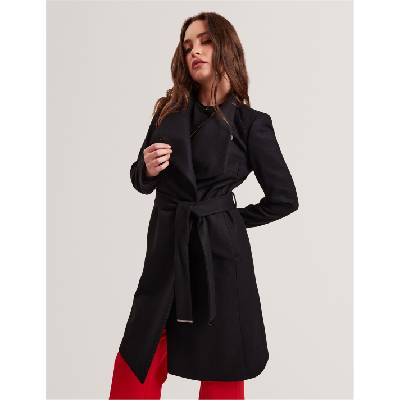 Womens Rose Belted Midi Wool Long Sleeve Coat - Black