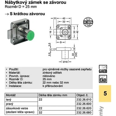 Häfele nábytkový zámek se závorou 232.26.610