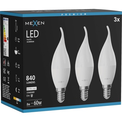 Mexen Nova 3x LED крушка пламък E14, C37, 8W, Неутрална - 4000K, 840 lm - L106-E14-0840-01x03 (L106-E14-0840-01x03)