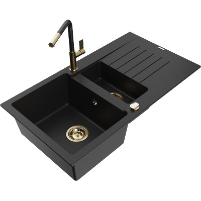 Mexen Matias гранитна мивка с 1, 5 камери с отцедник и кухненски смесител Flora, черен - 6502-77-670401-57-G (6502-77-670401-57-G)
