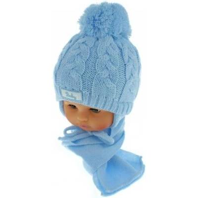 Baby Nellys Zimná pletená čiapočka s šálom Teddy modrá s brmbolcami