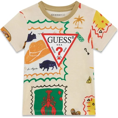 GUESS Бежова тениска за мини момче с многоцветни щампи и червено лого Guess