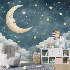 Art Gift Decor Детски фототапет луна със звезди и бухалче