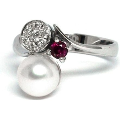OPTIMA prsteň AU 585/000 kultivovaná perla+př.Korund-Rubín+př.Diamant 2,83gr JO2245401