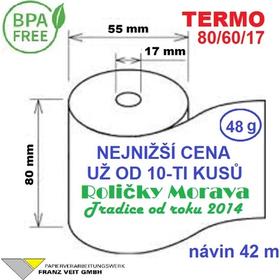 Termo kotouček 80/60/17 BPA 42m (80mm x 42m) Množství: 10 ks kotoučků ve fólii