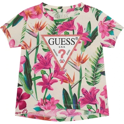 GUESS Тениска за мини момиче с цветя и палми с розово лого Guess с глитери